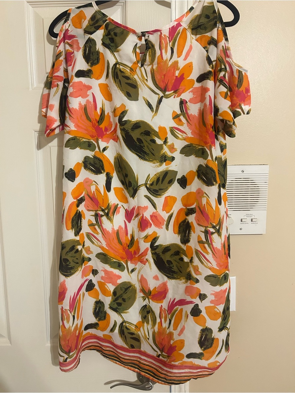 Floral Cold-Shoulder Women’s Dress in White, Orange & Green Charming Charlie